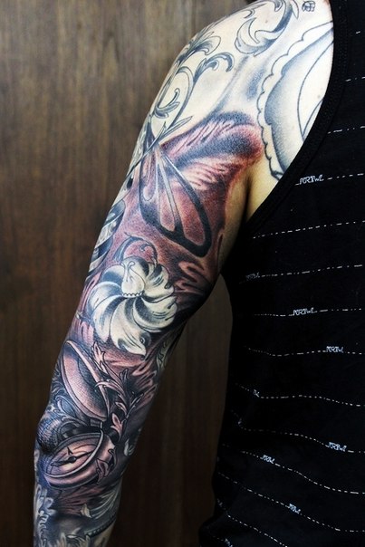 Flowers and Compass tattoo sleeve - Best Tattoo Ideas Gallery