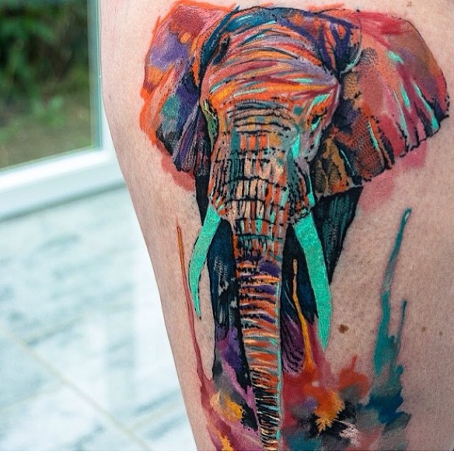 Watercolor Colorful Elephant Tattoo
